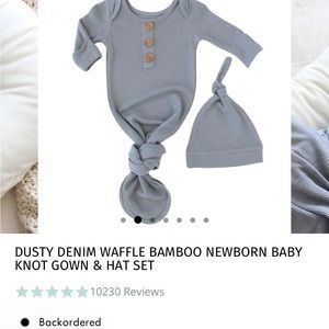 DUSTY DENIM WAFFLE BAMBOO NEWBORN BABY KNOT GOWN & HAT SET